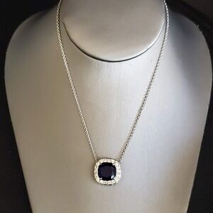 Kate Spade New York Basket Silver Tone Blue Cushion Cut Stone Halo Necklace